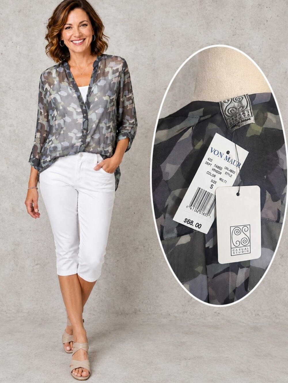 New Gray/Black Sheer Button-Up Blouse Abstract Camo Pattern Flowy Tabs Sz S